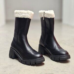 Black Winter Boots With Faux Fur Trim & Chunky Sole - Womens Mid-Calf Style With